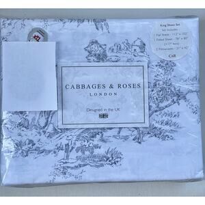 New NWT Cabbages and Roses 4 Pc KING Gray Sheet Set Luxury Cotton French Toile